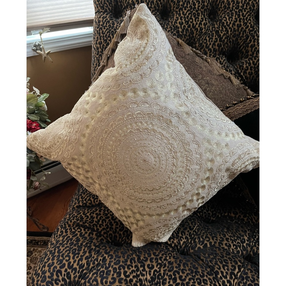Big Beige Linen Like Material With Gold Threading Medallion Pattern Pillow